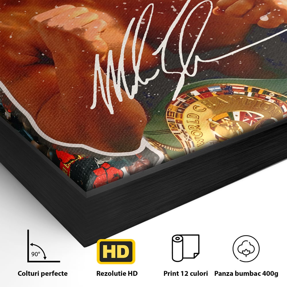 Detaliu al suprafetei: tablou canvas cu boxerul mike tyson, in rama de aluminiu negru